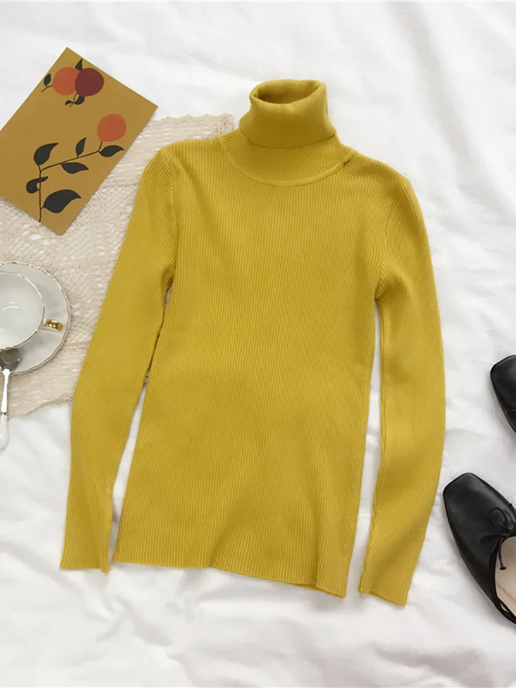 Women's Turtleneck Sweater - Long Sleeve Pullover Knit Top - Yellow