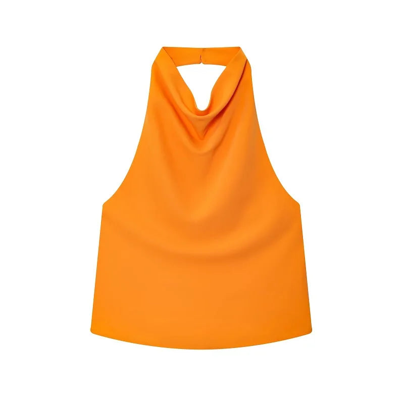 Women's Satin Halter Top - Backless Summer Camisole - Orange
