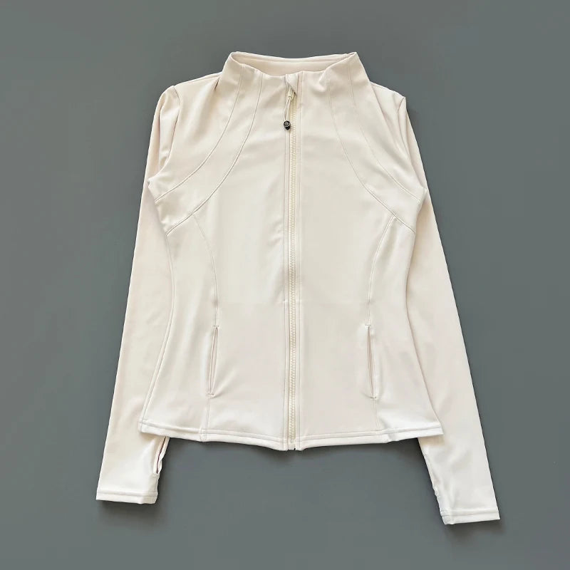 Women's Fitness Jacket - Stand Collar Zip Sports Top - Ivory