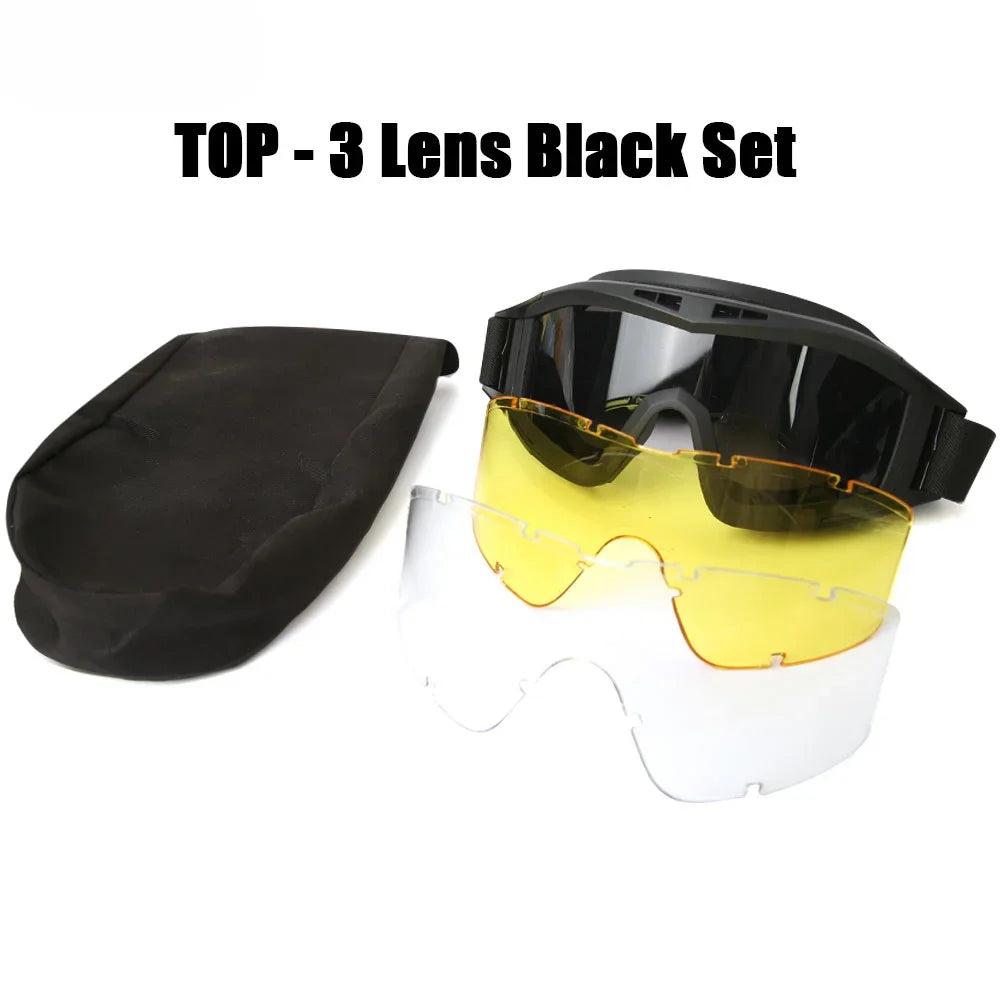 Airsoft Goggles - 3-Lens Eyewear Set for Outdoor Gear - 3 Lens Black