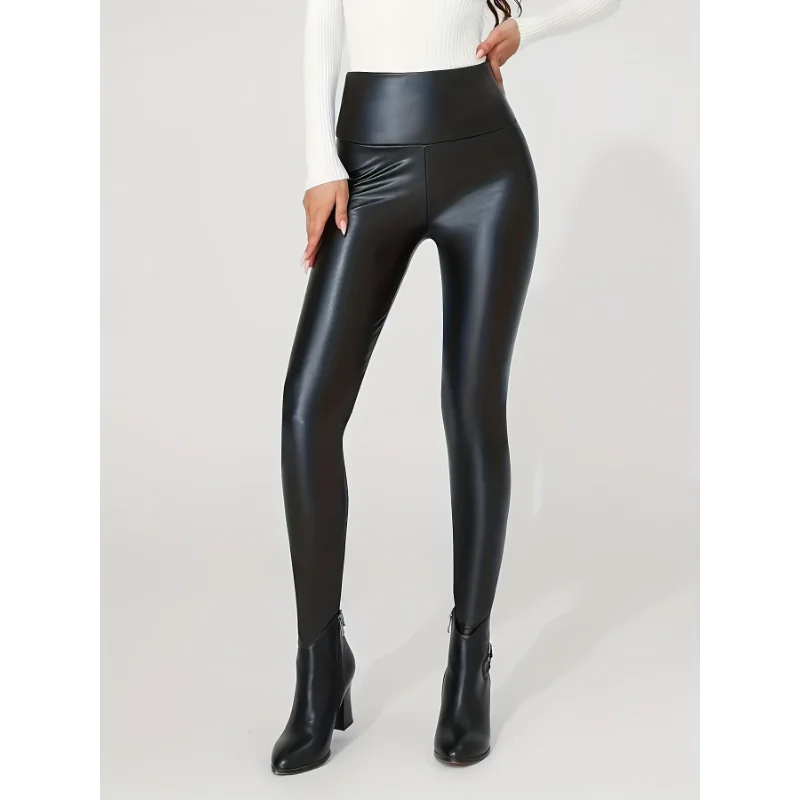 Faux Leather Leggings - High Waist Stretch Pants