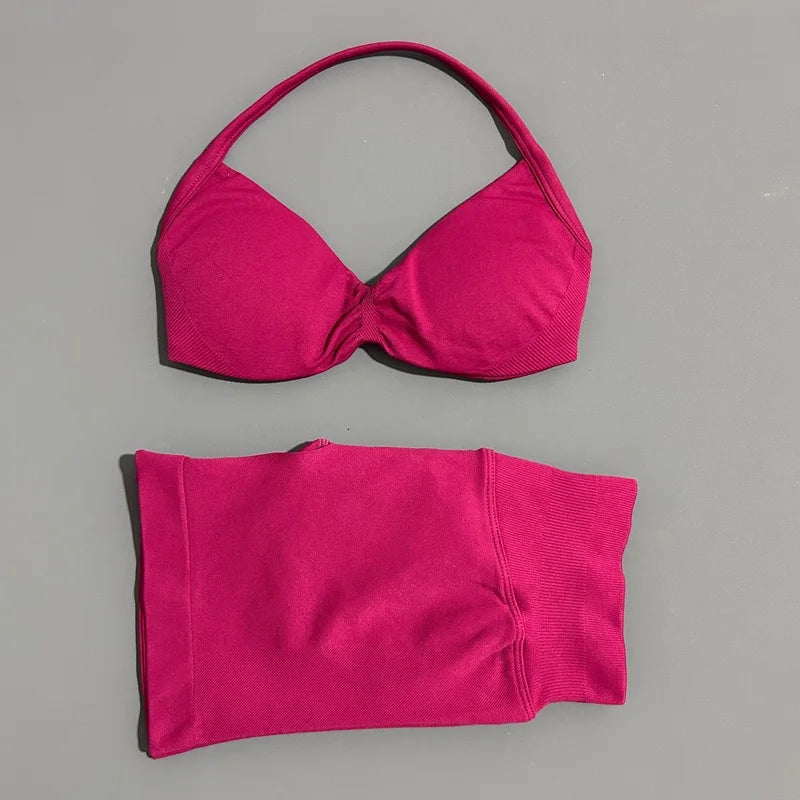 Women's Two-Piece Workout Set - Sports Bra and Shorts - Berry