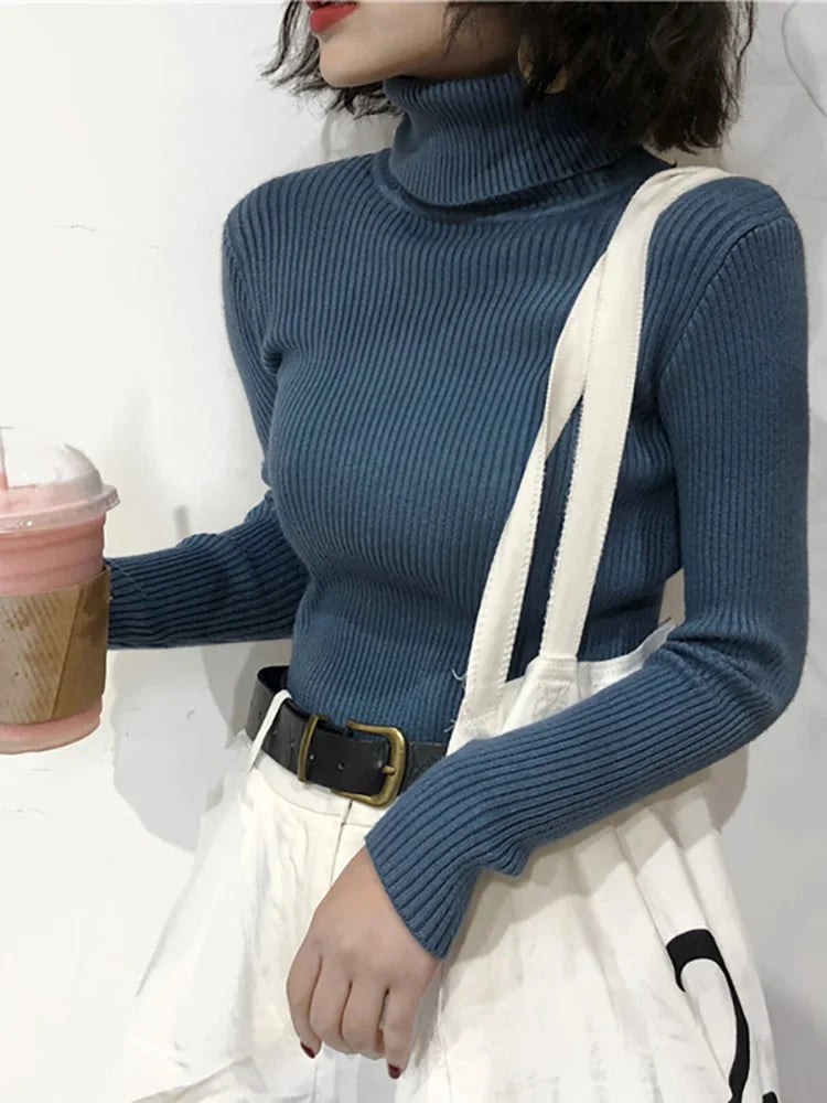 Women's Turtleneck Sweater - Long Sleeve Pullover Knit Top - Blue