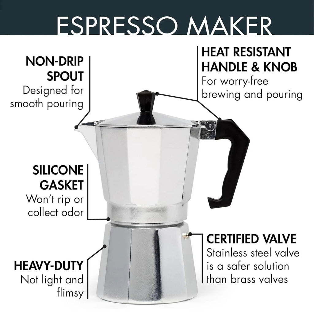 Stovetop Moka Pot - Aluminum Espresso Maker for Home Brewing