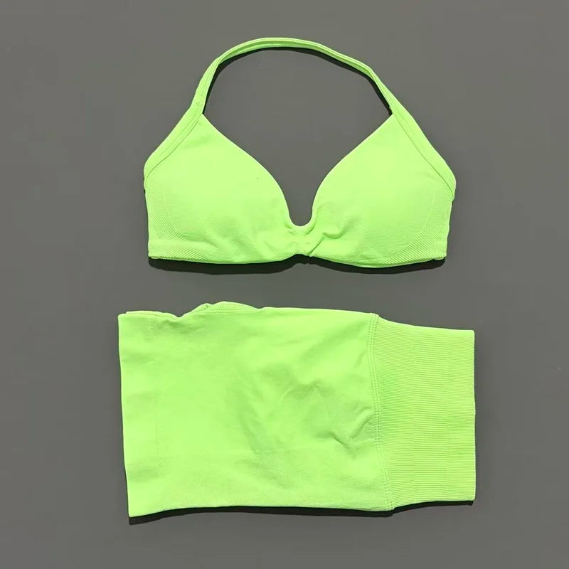Women's Two-Piece Workout Set - Sports Bra and Shorts - Neon Green