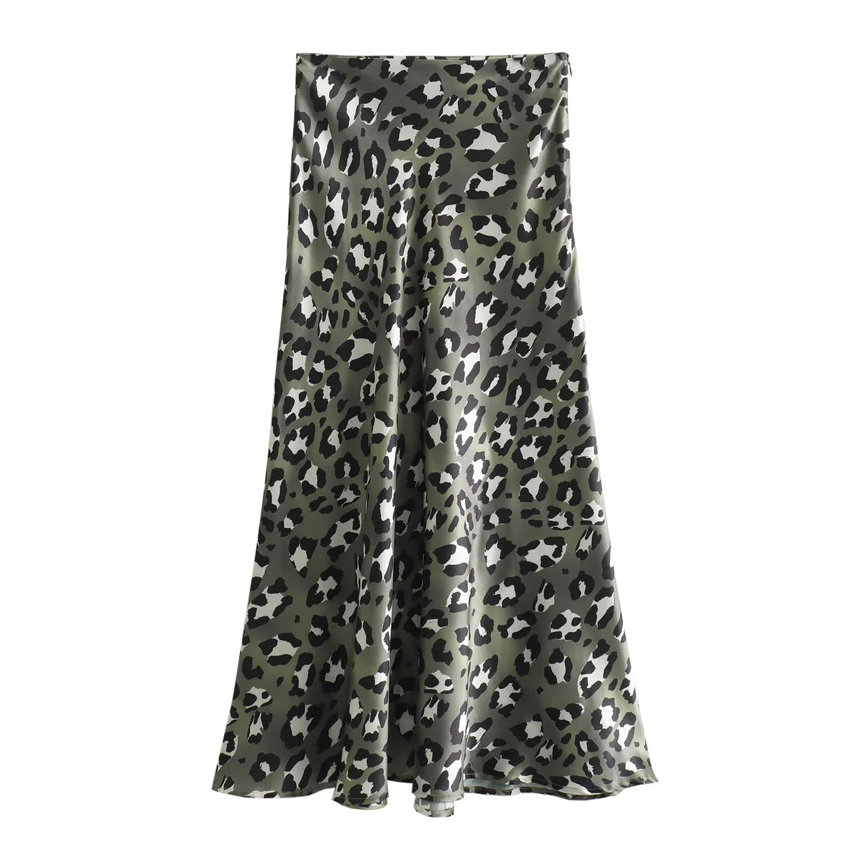 Women's Leopard Midi Skirt - High Waist A-Line Style - Green Leopard