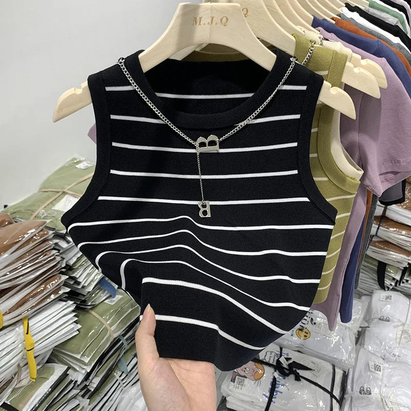 Women's Knit Sweater Vest - Sleeveless Striped Summer Top - Black Stripe