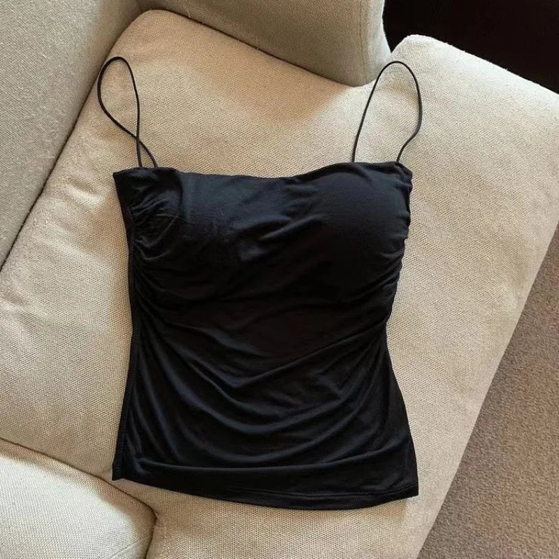 Women's Halter Tank Top - Built-In Bra Casual Cami - Black