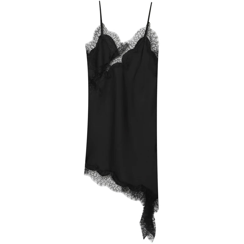 Women's Lace Asymmetric Dress - Sleeveless Slip Dress - Black