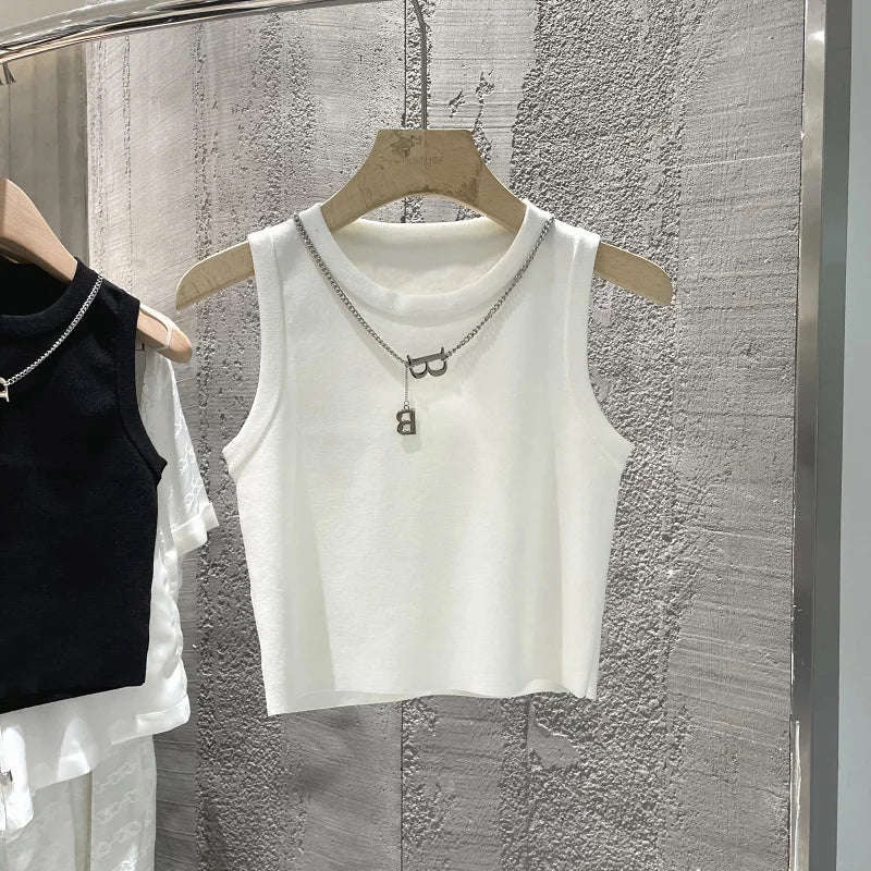 Women's Knit Sweater Vest - Sleeveless Striped Summer Top - White