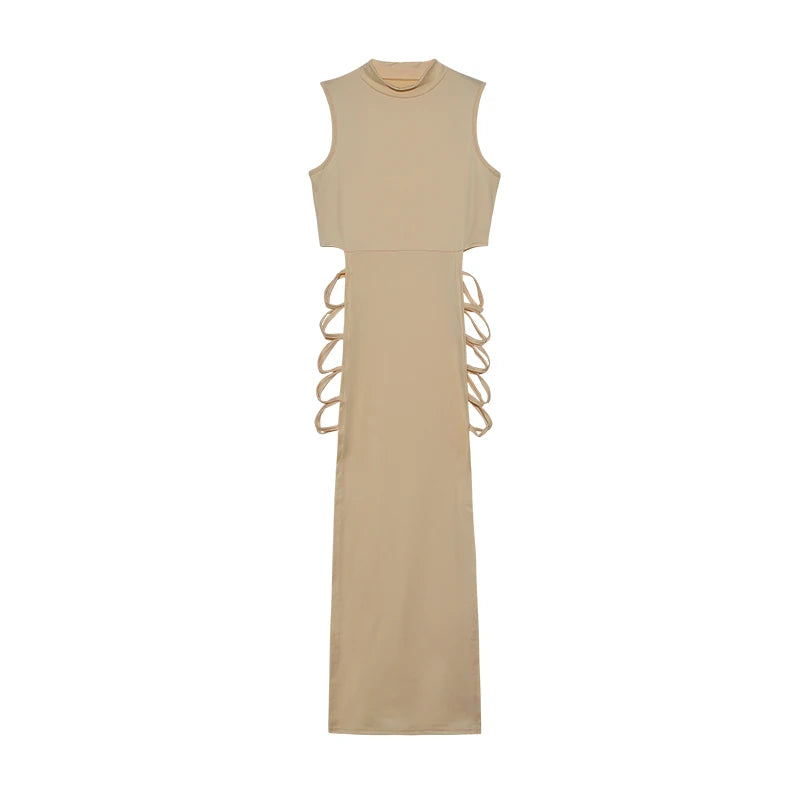 Women's Lace-Up A-Line Dress - Sleeveless Summer Strap Style - Beige