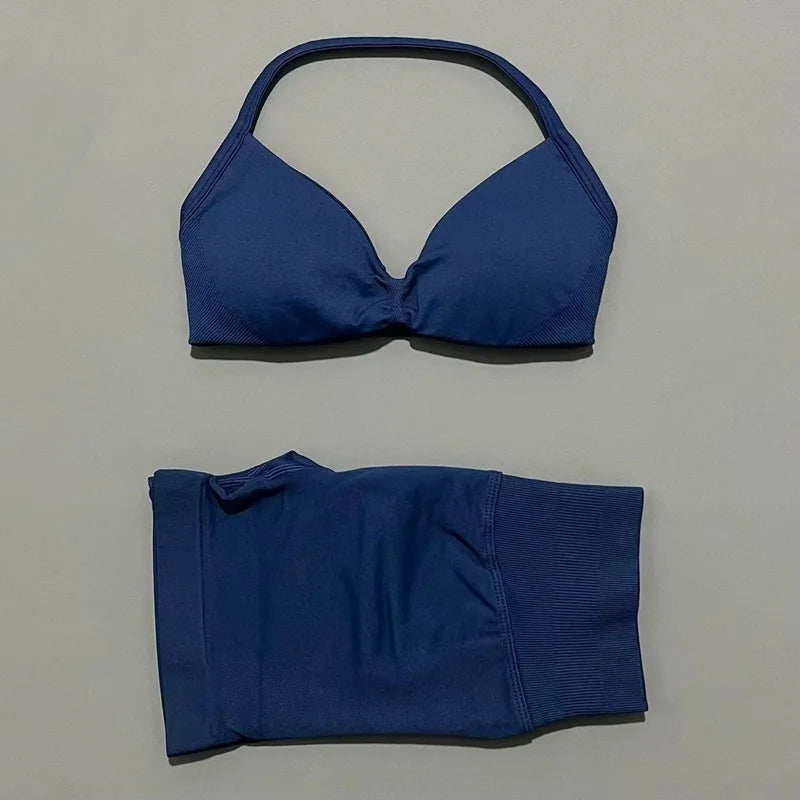 Women's Two-Piece Workout Set - Sports Bra and Shorts - Ink Blue