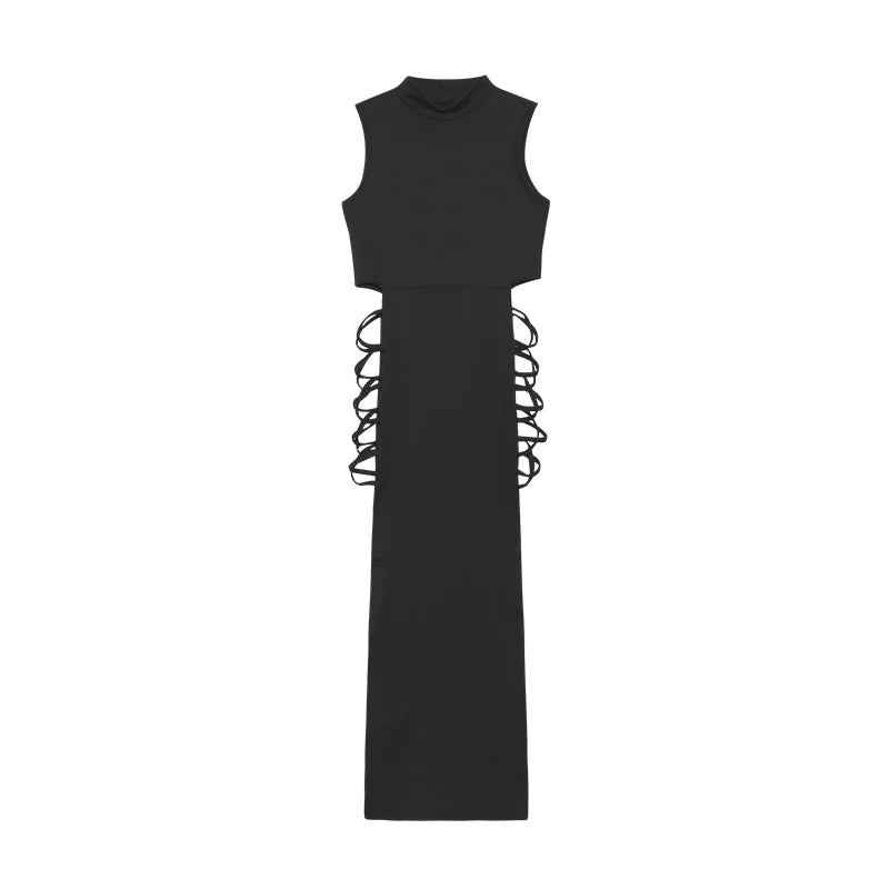 Women's Lace-Up A-Line Dress - Sleeveless Summer Strap Style - Black