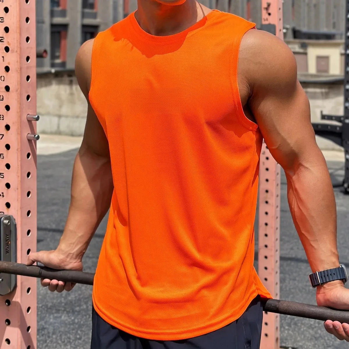 Men's Mesh Tank Top - Sleeveless Quick-Dry Fitness Shirt - Orange