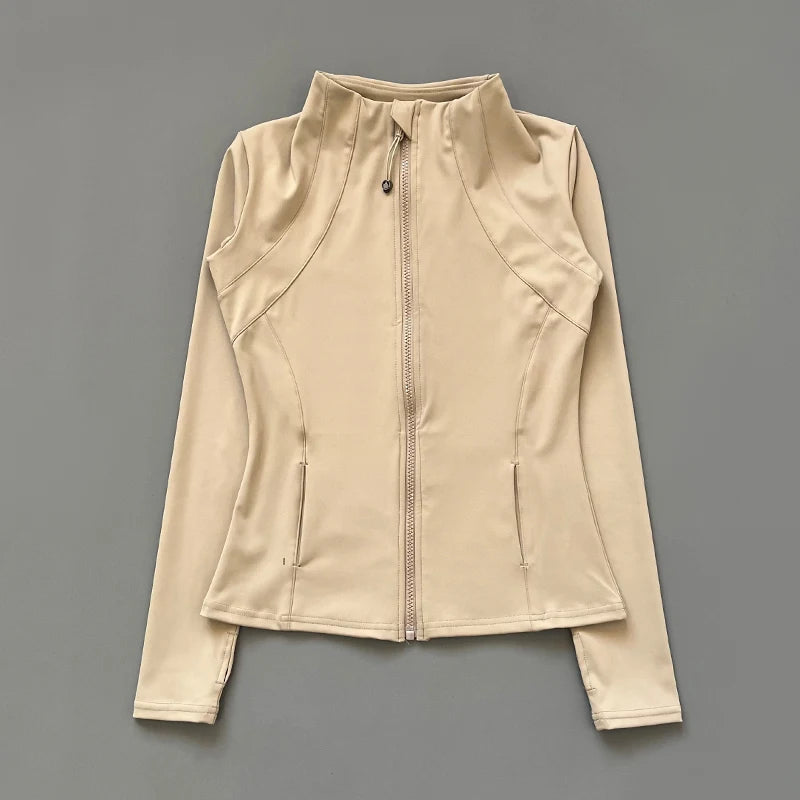 Women's Fitness Jacket - Stand Collar Zip Sports Top - Khaki