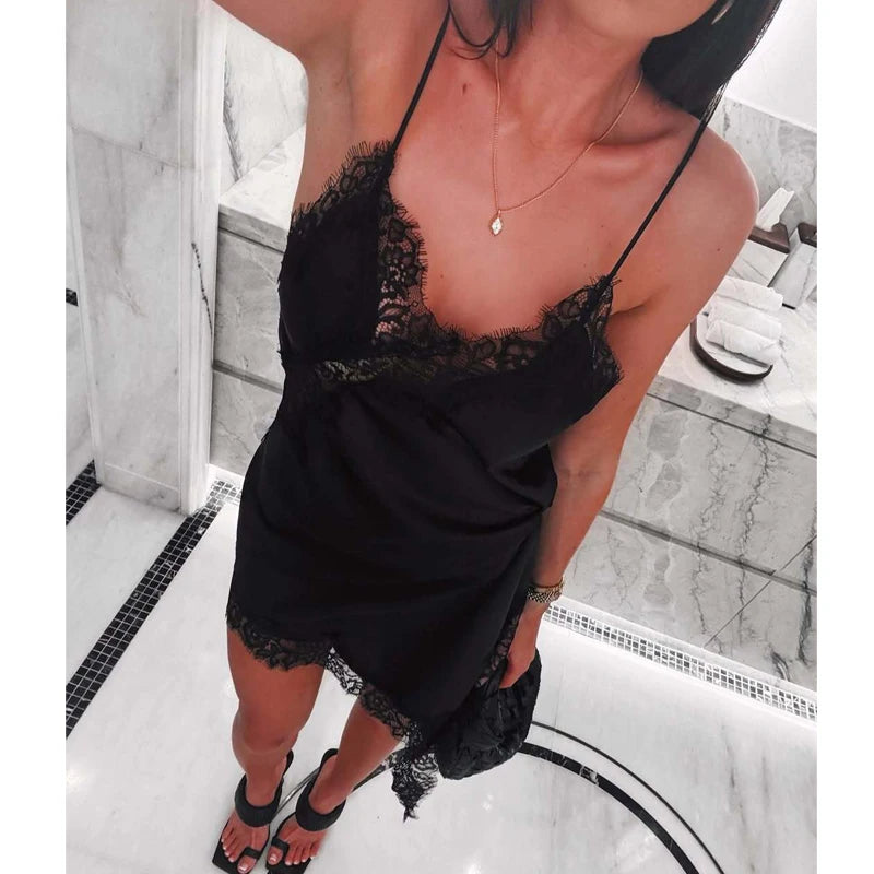 Lace Slip Dress - Backless Mini Dress With V-Neck