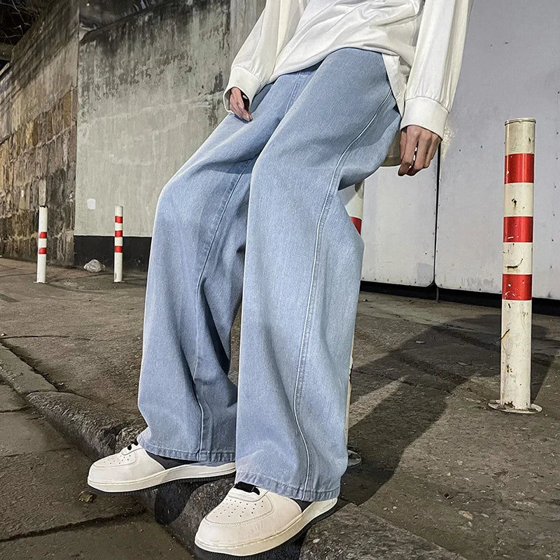 Men's Wide Leg Jeans - Loose Streetwear Denim Pants - White Blue