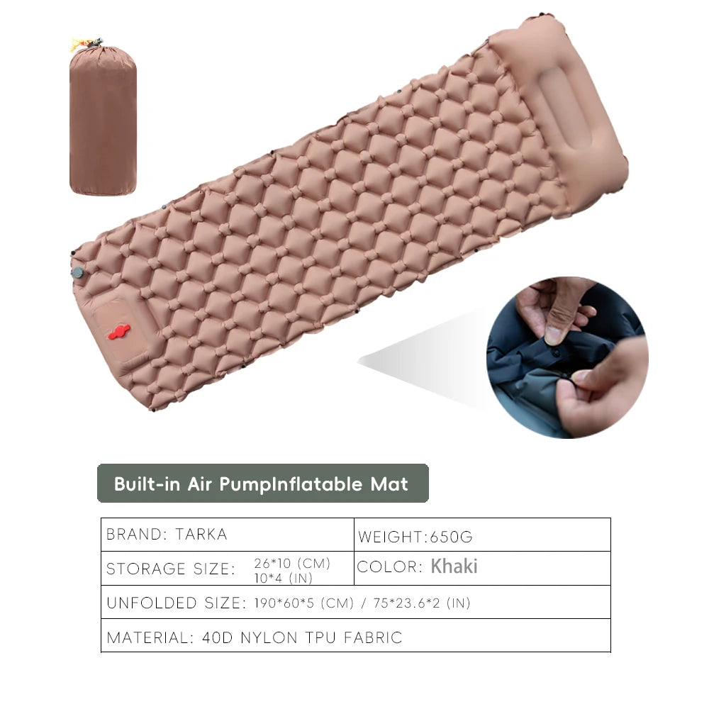 Inflatable Camping Sleeping Pad - Pillow Mat for Outdoor Trips - Khaki