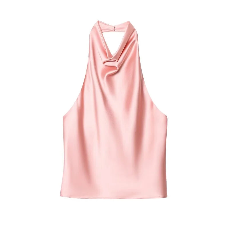 Women's Satin Halter Top - Backless Summer Camisole - Pink