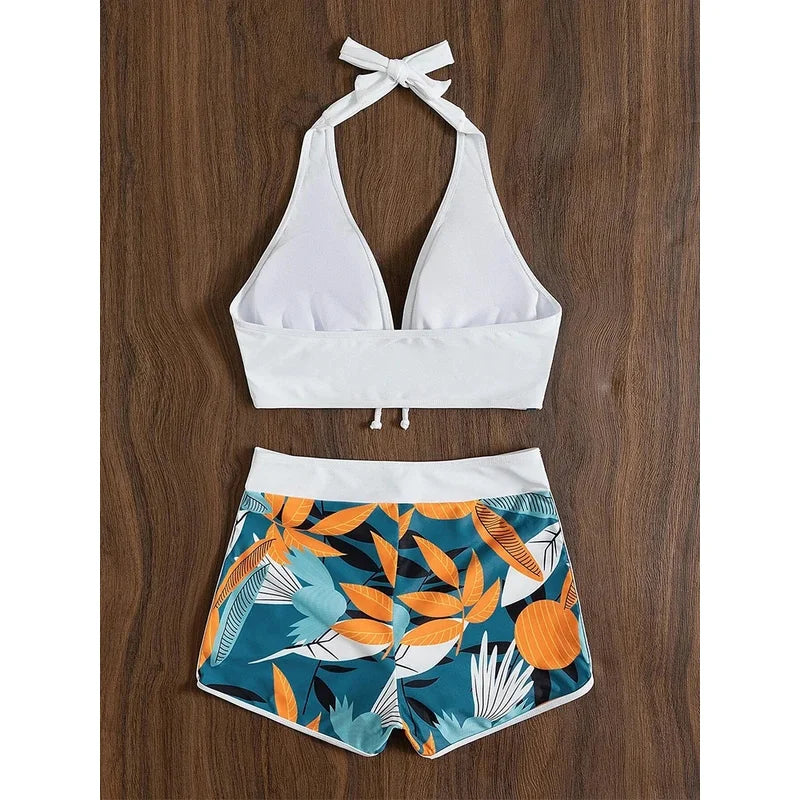 Women's Halter Bikini Set - High-Waist Printed Swimwear