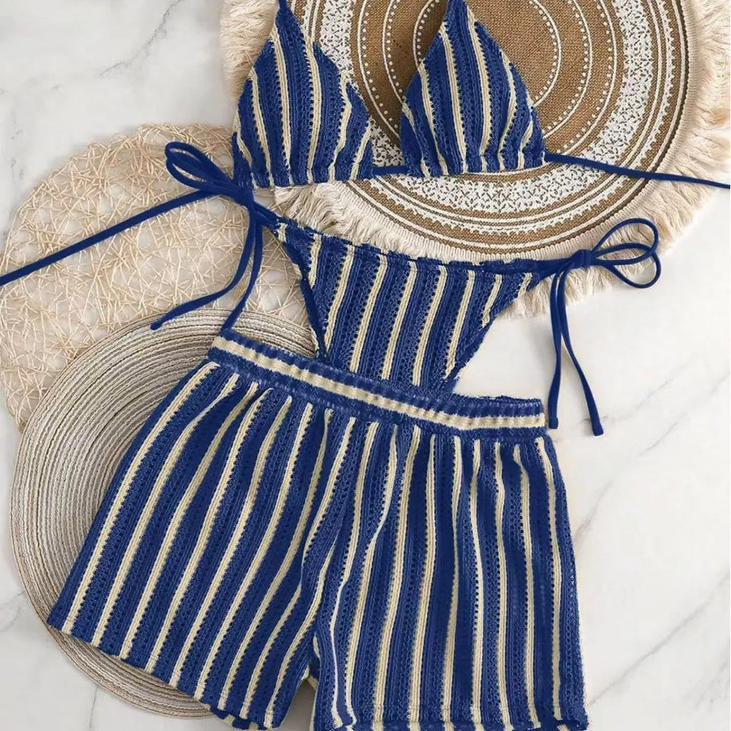 Women's Three-Piece Bikini Set - Lace-Up Mesh Swimwear