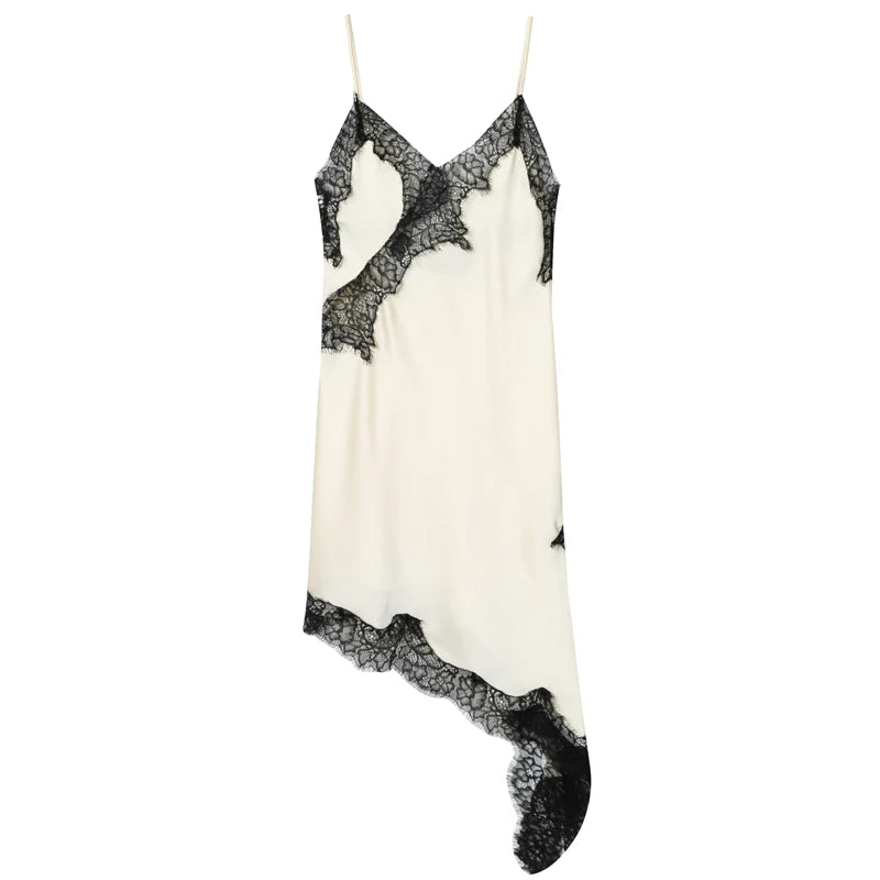 Women's Lace Asymmetric Dress - Sleeveless Slip Dress - Blackwhite