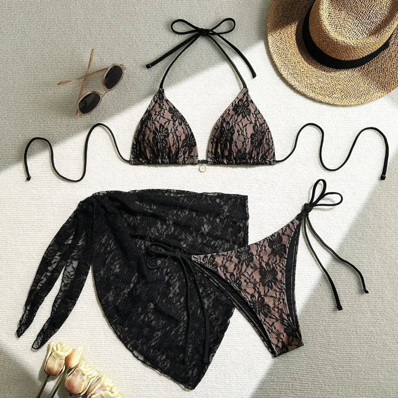 Women's Lace Three-Piece Bikini Set - Floral Swimwear