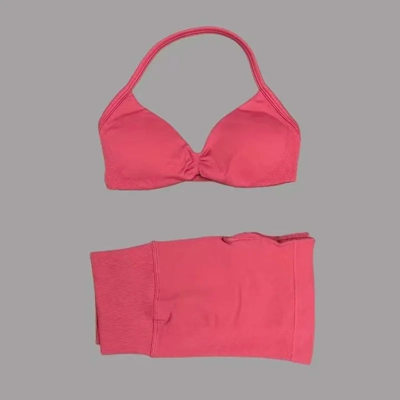 Women's Two-Piece Workout Set - Sports Bra and Shorts - Raspberry