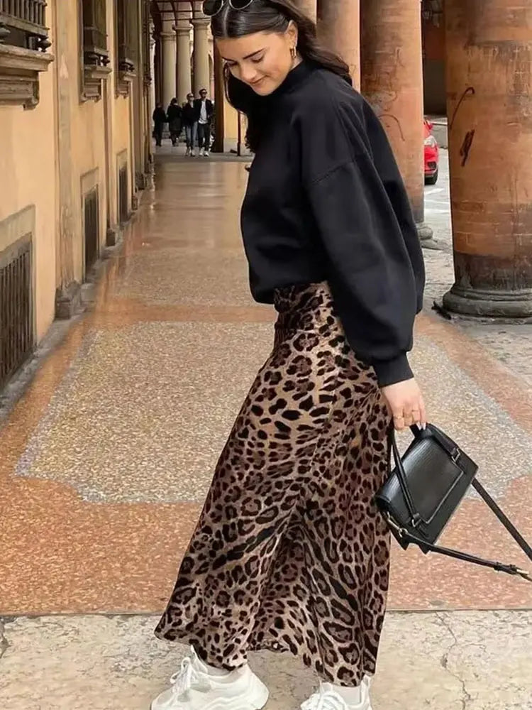 Women's Leopard Midi Skirt - High Waist A-Line Style