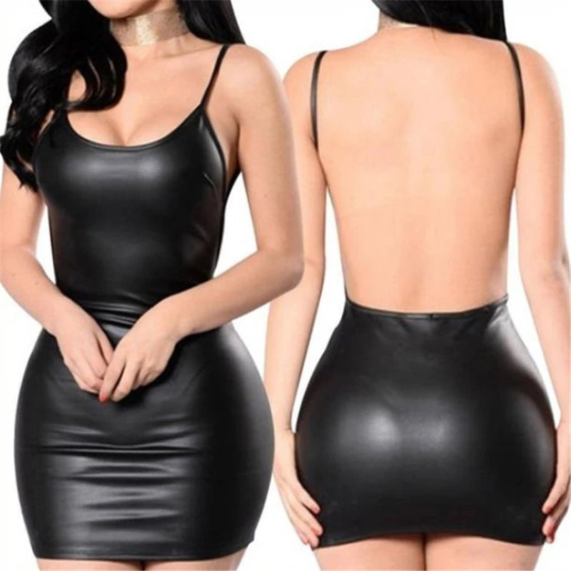 Women's Faux Leather Mini Dress - Sleeveless V-Neck Party Style