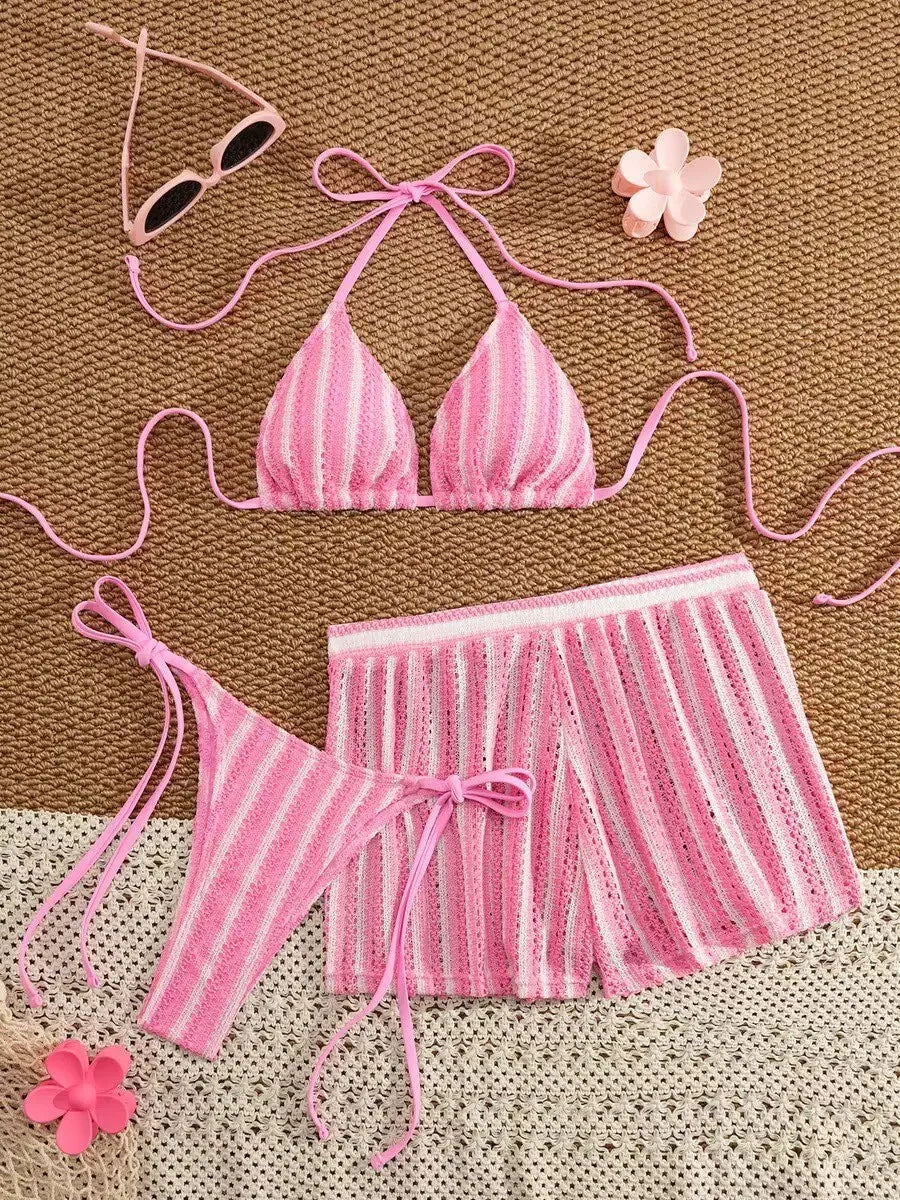 Women's Three-Piece Bikini Set - Lace-Up Mesh Swimwear - Pink