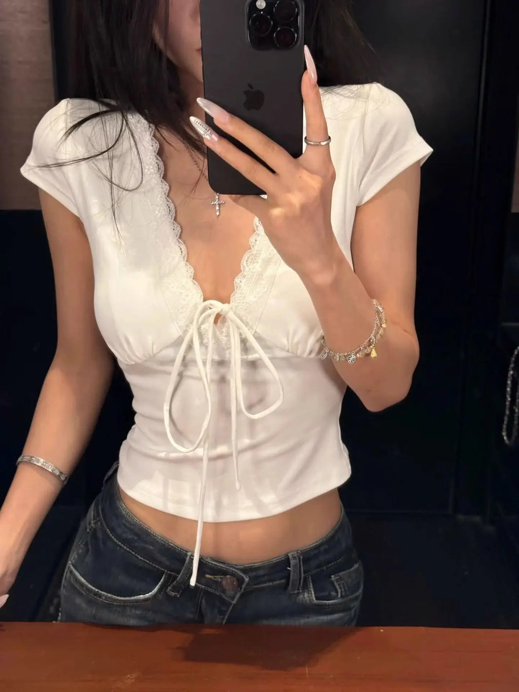 Women's Lace V-Neck Top - Short Sleeve Satin Style Tee - Cool White