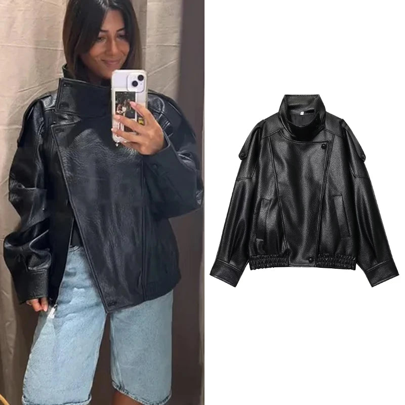 Women's Faux Leather Jacket - Stand Collar Zipper Coat
