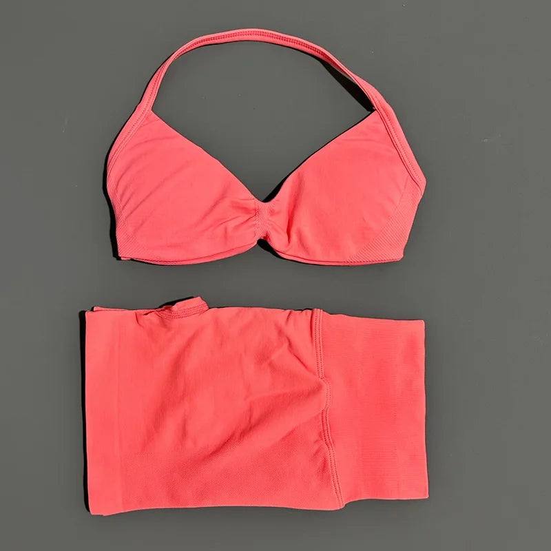 Women's Two-Piece Workout Set - Sports Bra and Shorts - Coral Pink