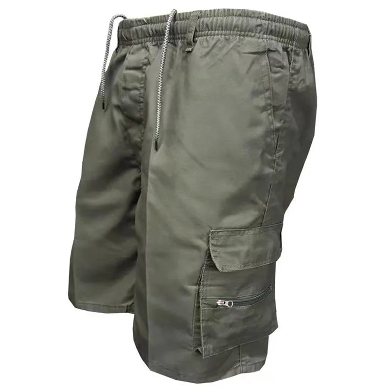 Men's Cargo Shorts - Casual Solid Color Utility Style - Army Green