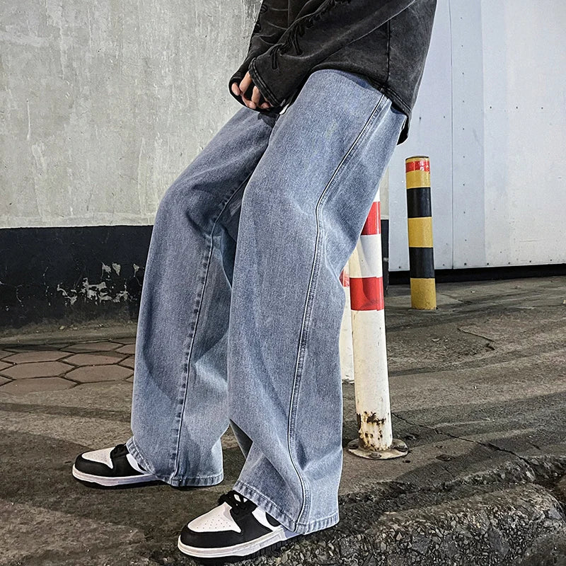 Men's Wide Leg Jeans - Loose Streetwear Denim Pants - Light Blue