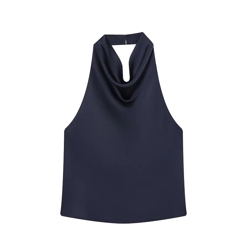 Women's Satin Halter Top - Backless Summer Camisole - Navy Blue