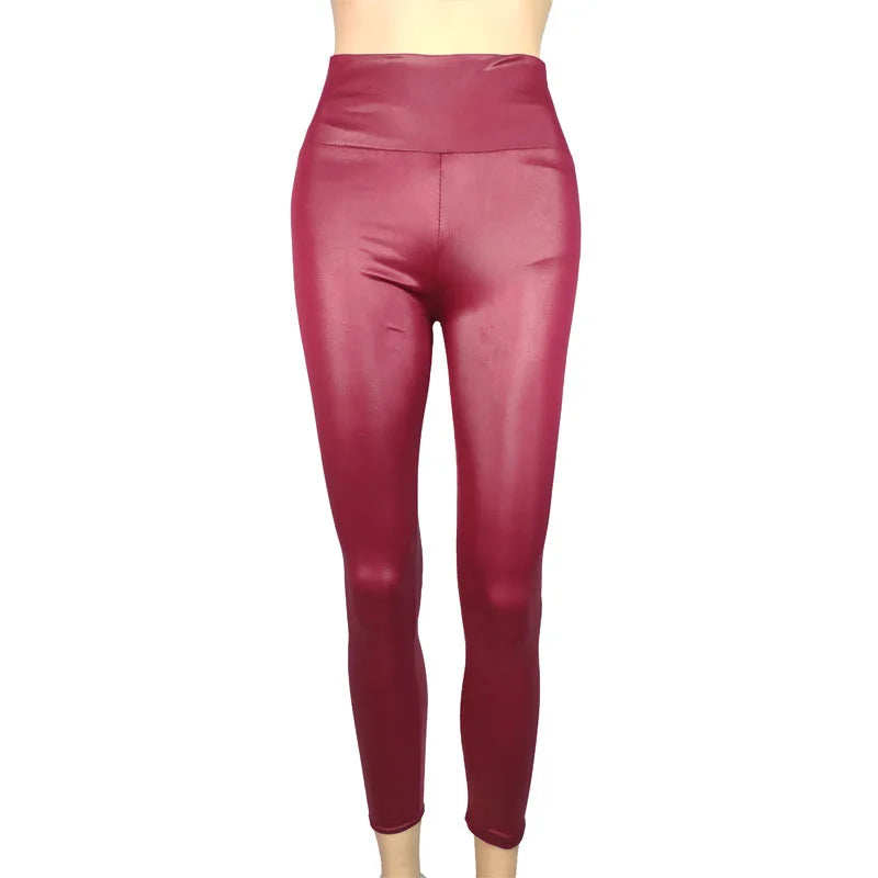 Faux Leather Leggings - High Waist Stretch Pants - Wine Red