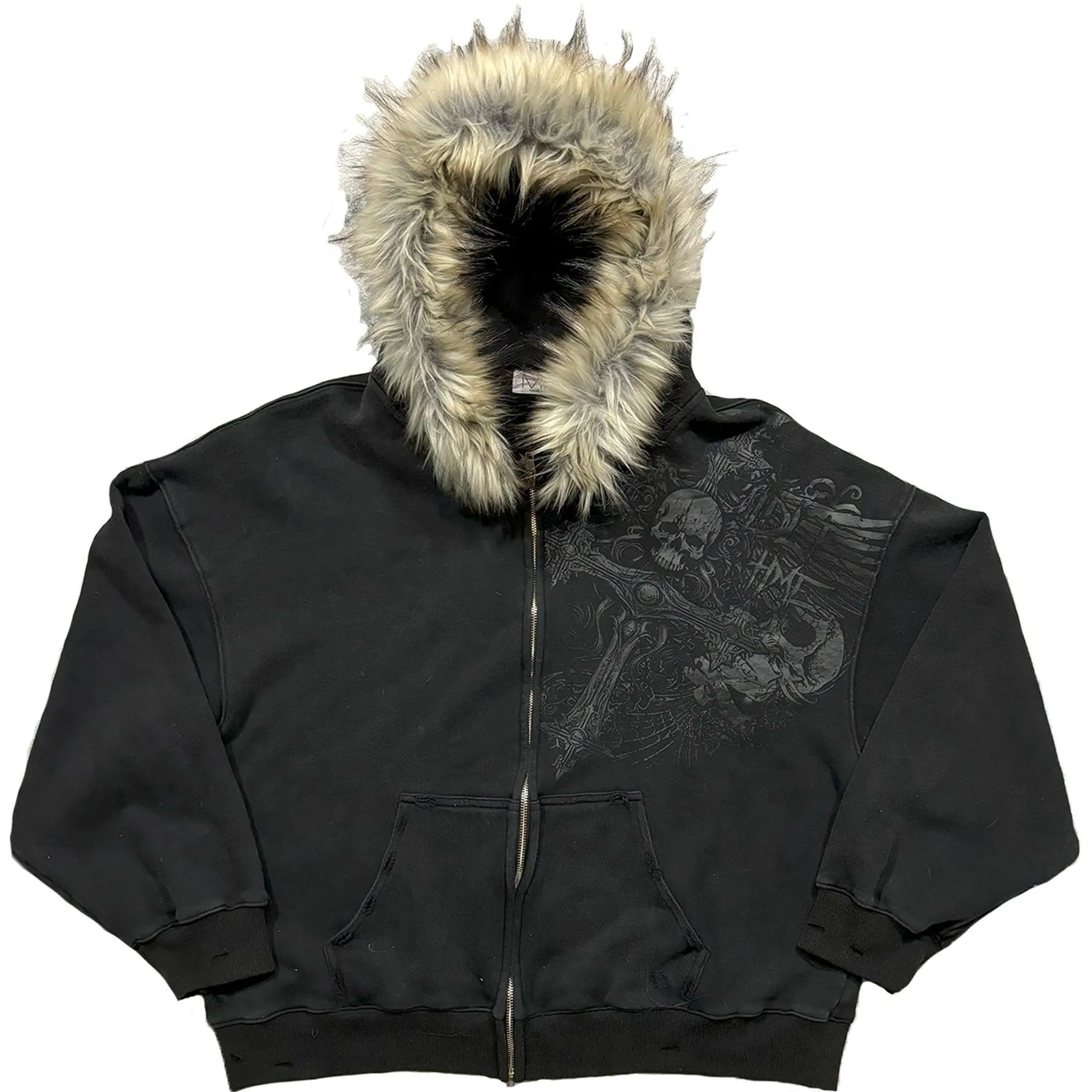 Women's Faux Fur Collar Hoodie - Graphic Zip-Up Jacket