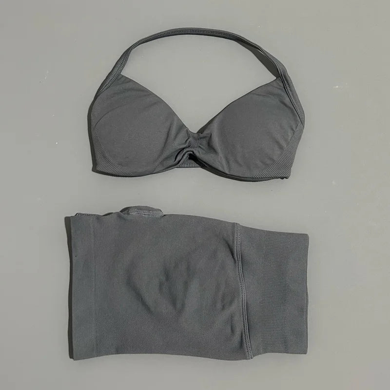 Women's Two-Piece Workout Set - Sports Bra and Shorts - Shark Gray