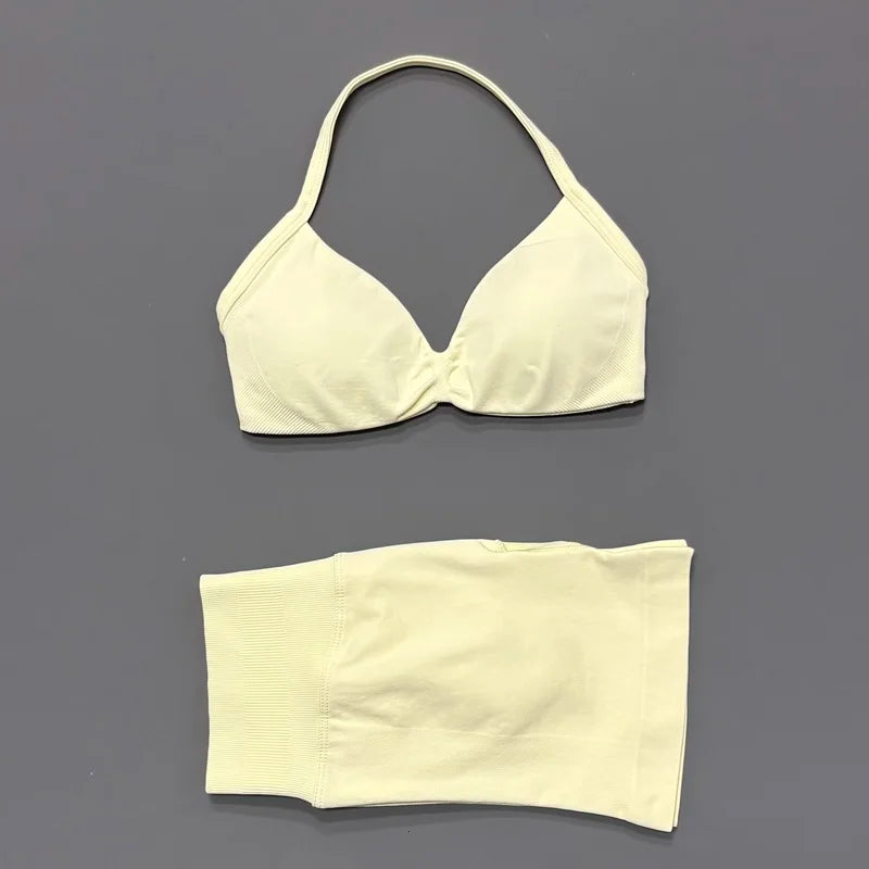 Women's Two-Piece Workout Set - Sports Bra and Shorts - Butter