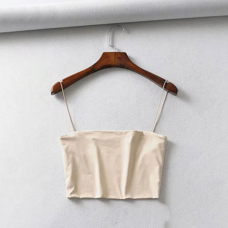 Women's Crop Tank Top - Stretch Sleeveless Cami - Beige