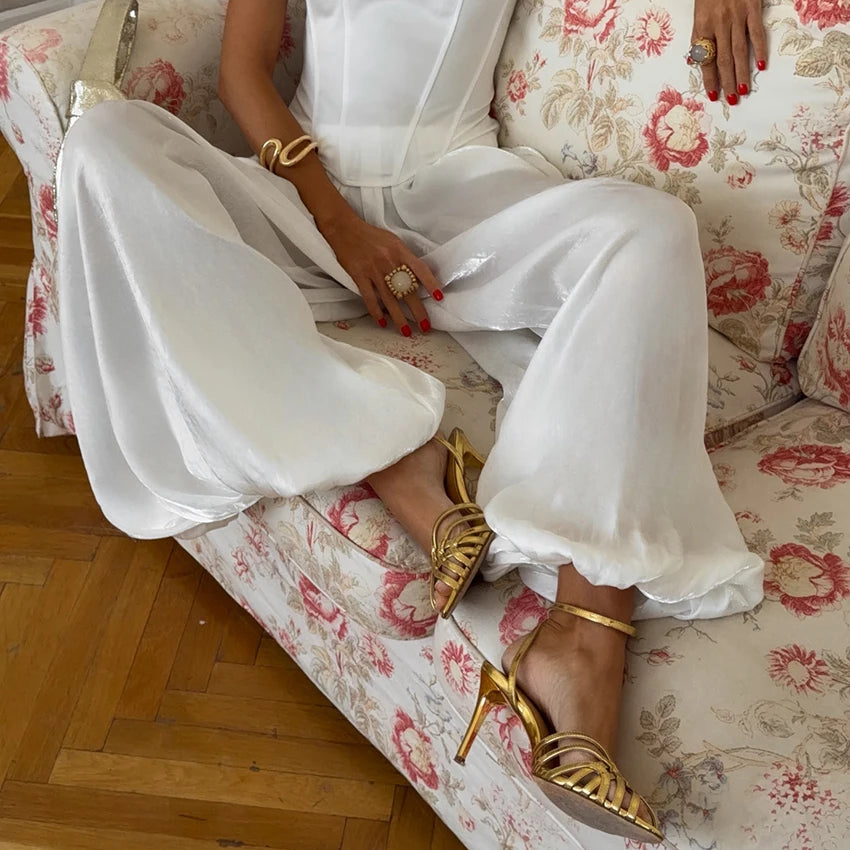 Pleated Wide-Leg Trousers - High Waist Loose Pants - White