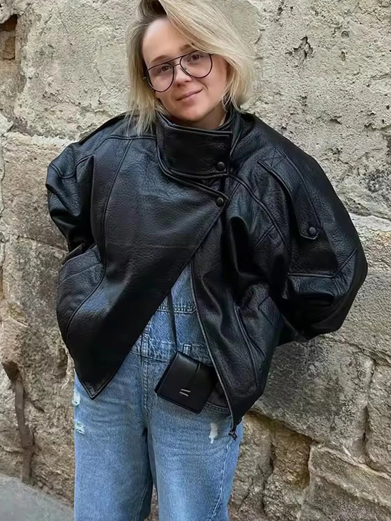 Women's Faux Leather Jacket - Stand Collar Zipper Coat