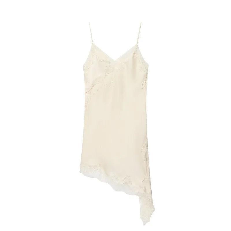Lace Slip Dress - Backless Mini Dress With V-Neck - beige