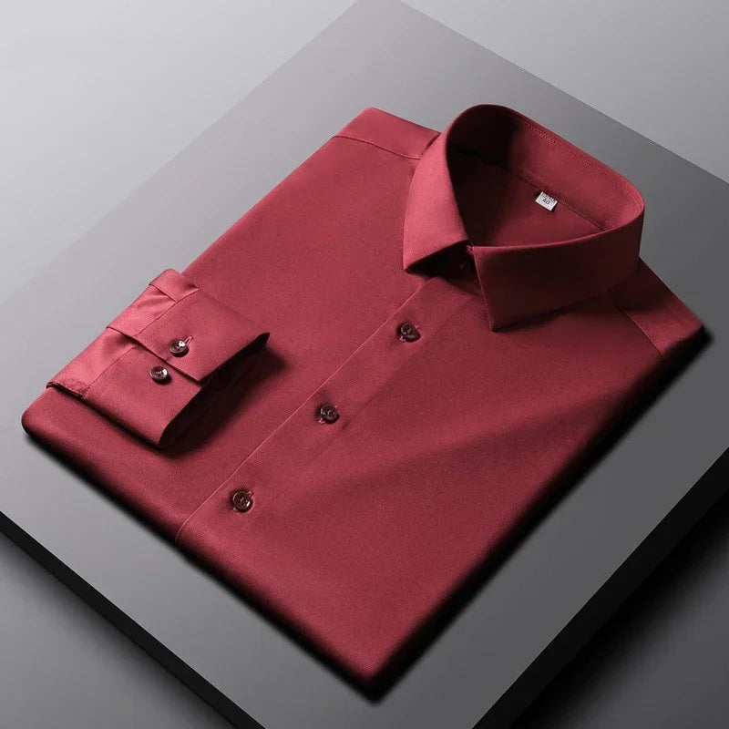 Men's Long Sleeve Casual Shirt - Solid Button-Front Top - Red