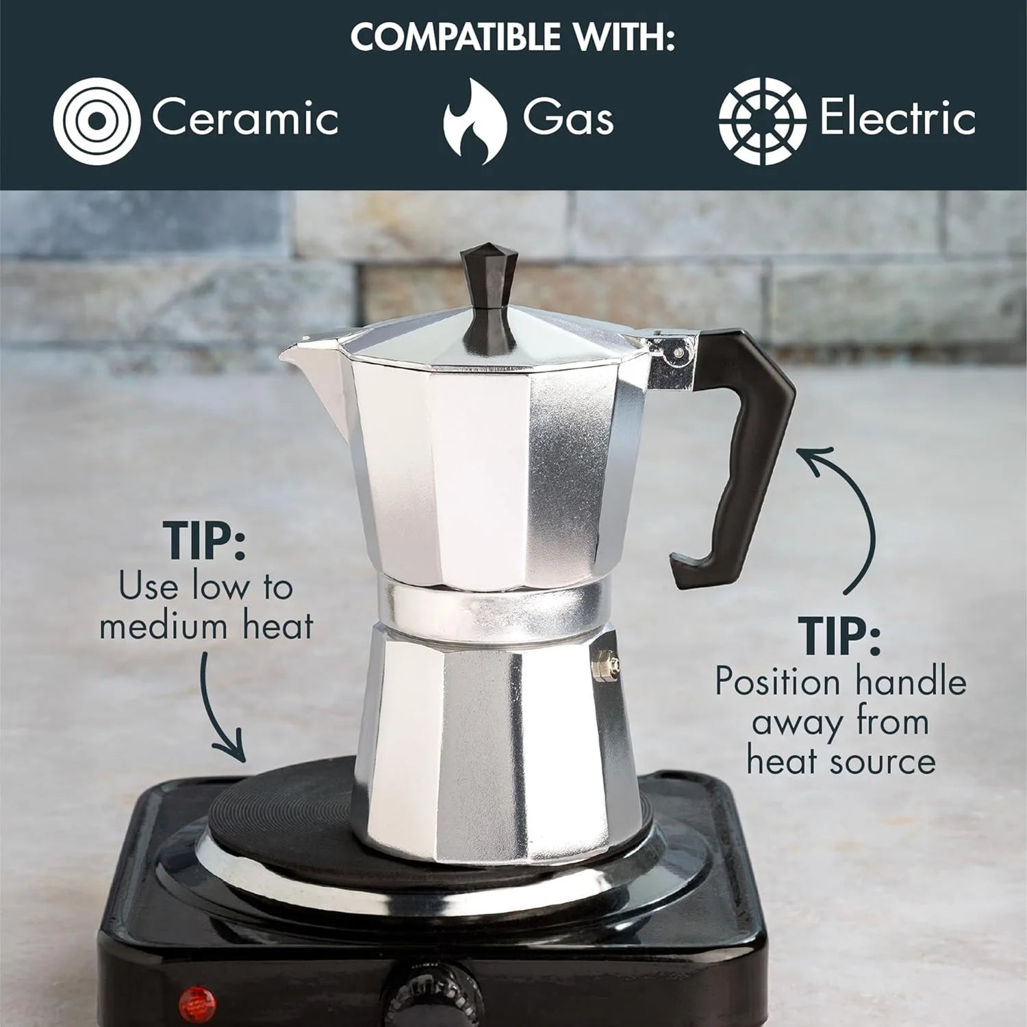 Stovetop Moka Pot - Aluminum Espresso Maker for Home Brewing