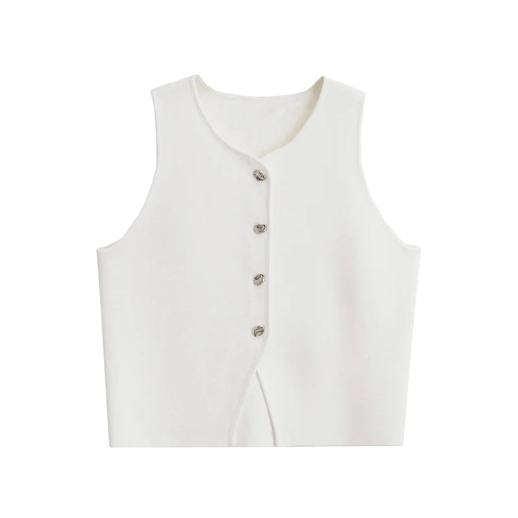 Women's Cropped Knit Vest - Sleeveless Asymmetrical Sweater - White