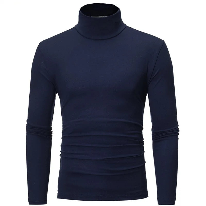 Men's Thermal Base Layer Top - High Neck Long Sleeve Shirt - Navy Blue
