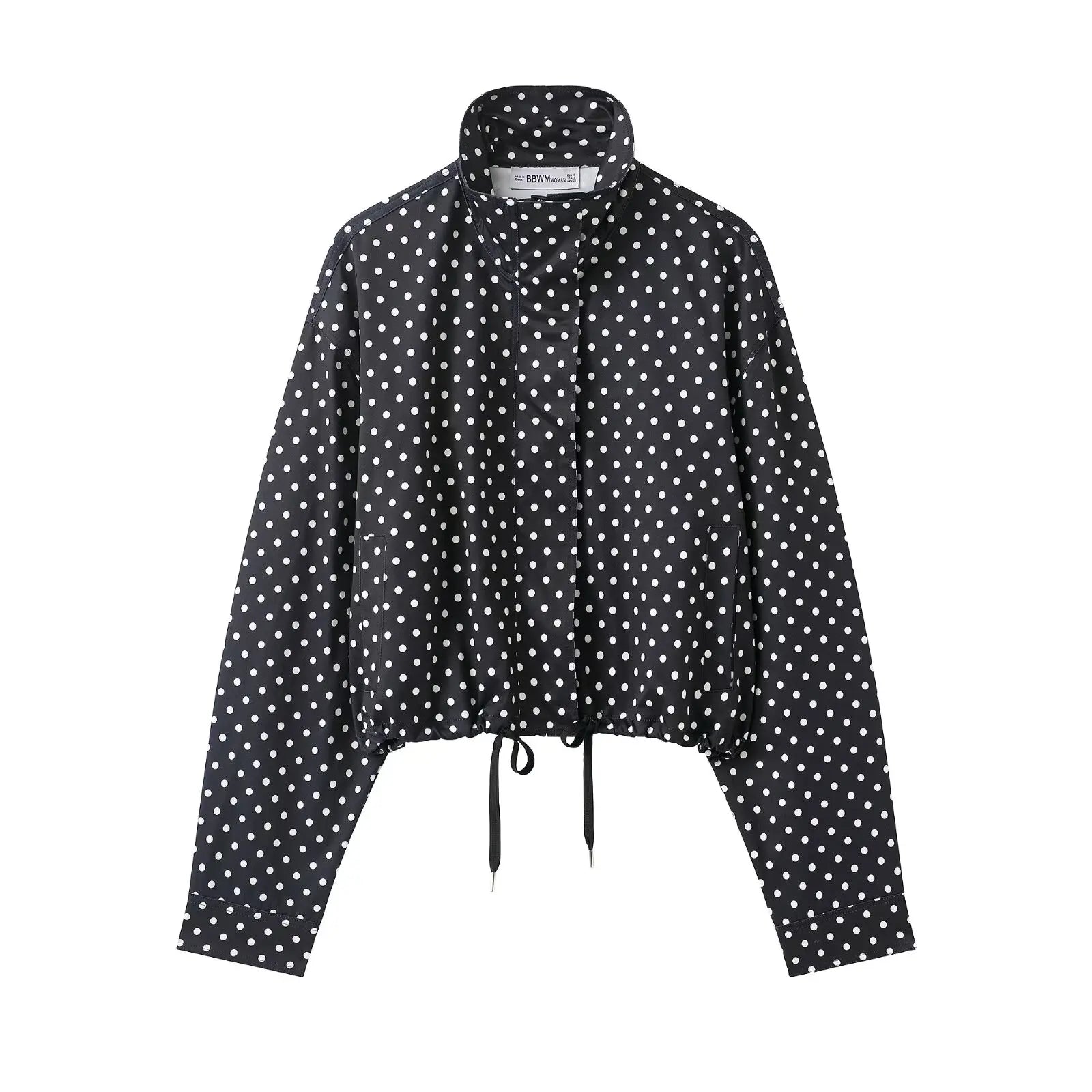 Women's Polka Dot Zip Jacket - Drawstring Casual Outerwear - Black Dot